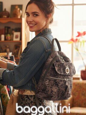 Baggallini Mini Backpack Gray Floral Print Travel Bag Lightweight Convertible
